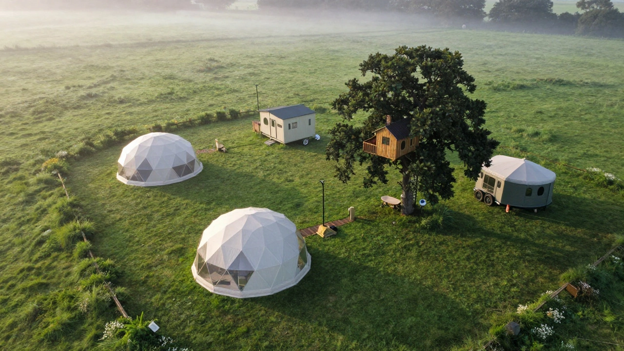 Aerial view of diverse glamping structures in a green meadow