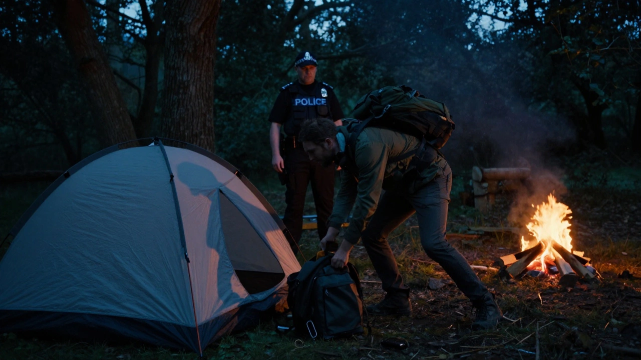 Camper packing up tent as police watch in English woods