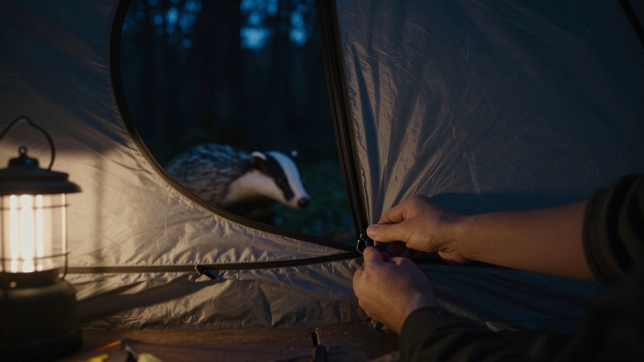 Camper zipping tent door while a badger walks away in the night