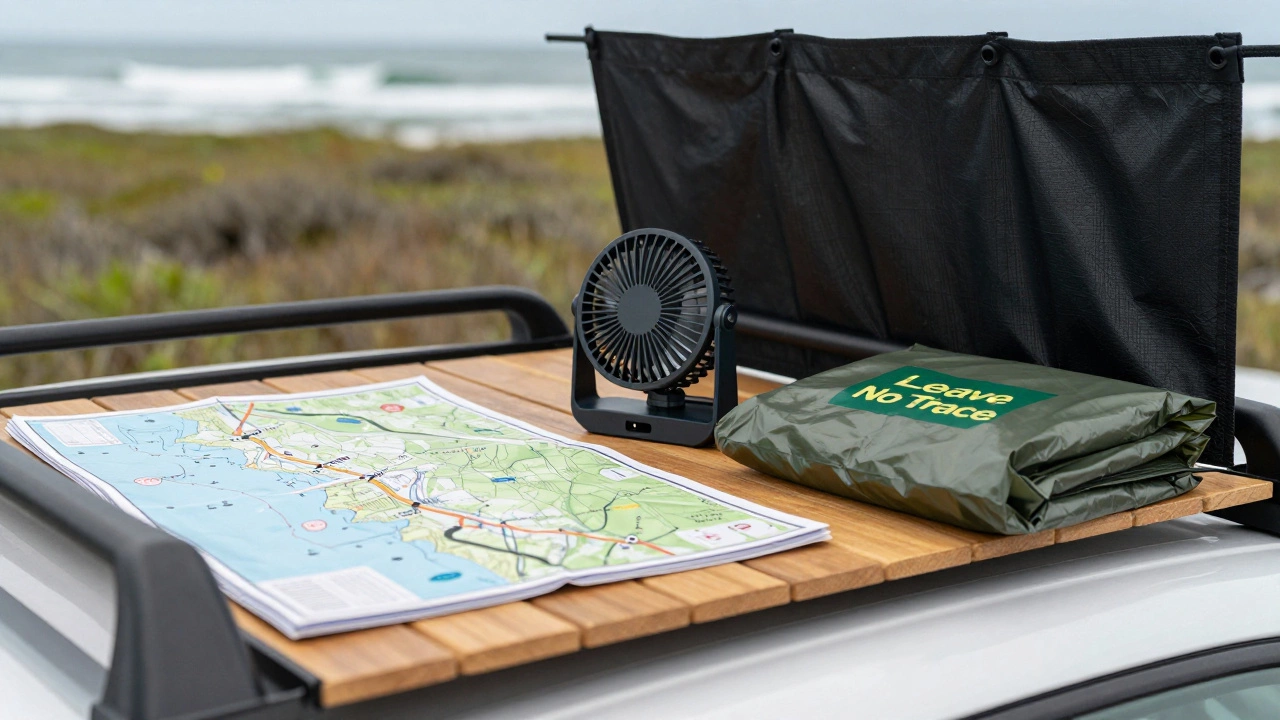 Camping gear including tide chart and fan for coastal car camping