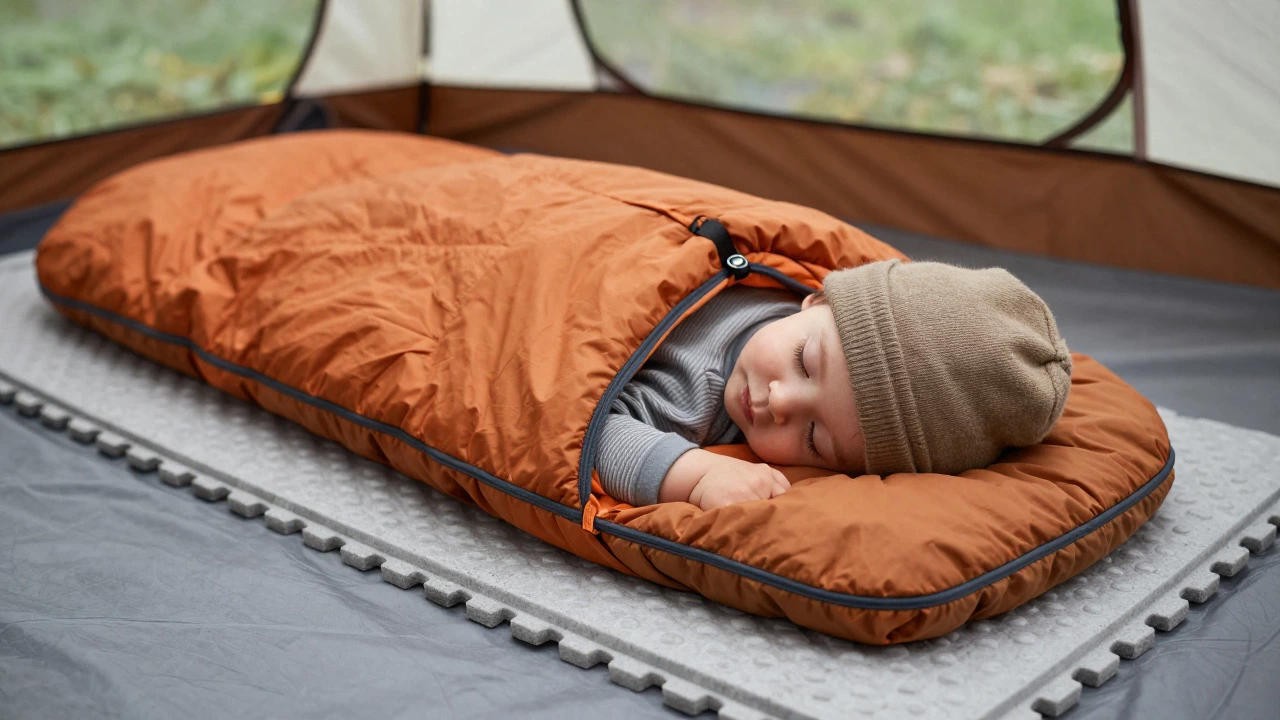 Child wrapped in a sleeping bag on an insulated pad inside a tent