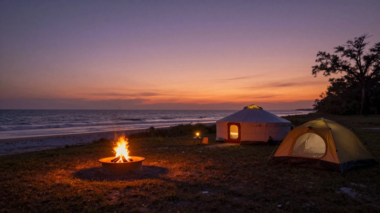 Cozy campsite with fire ring at a Florida state park at sunset