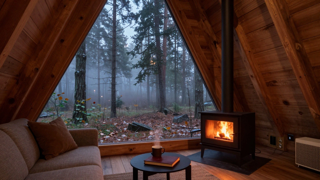 Cozy interior of an A-frame cabin with a fireplace in a forest
