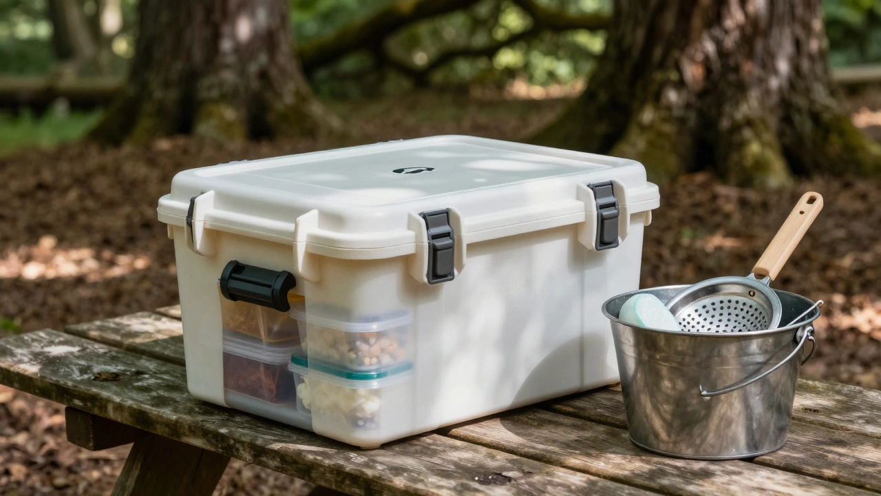 Hard-sided food storage bin and dishwashing setup in a forest