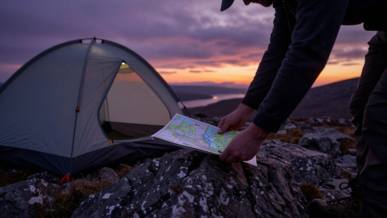 Hiker pitching a tent on rocky Scottish Highlands at sunset
