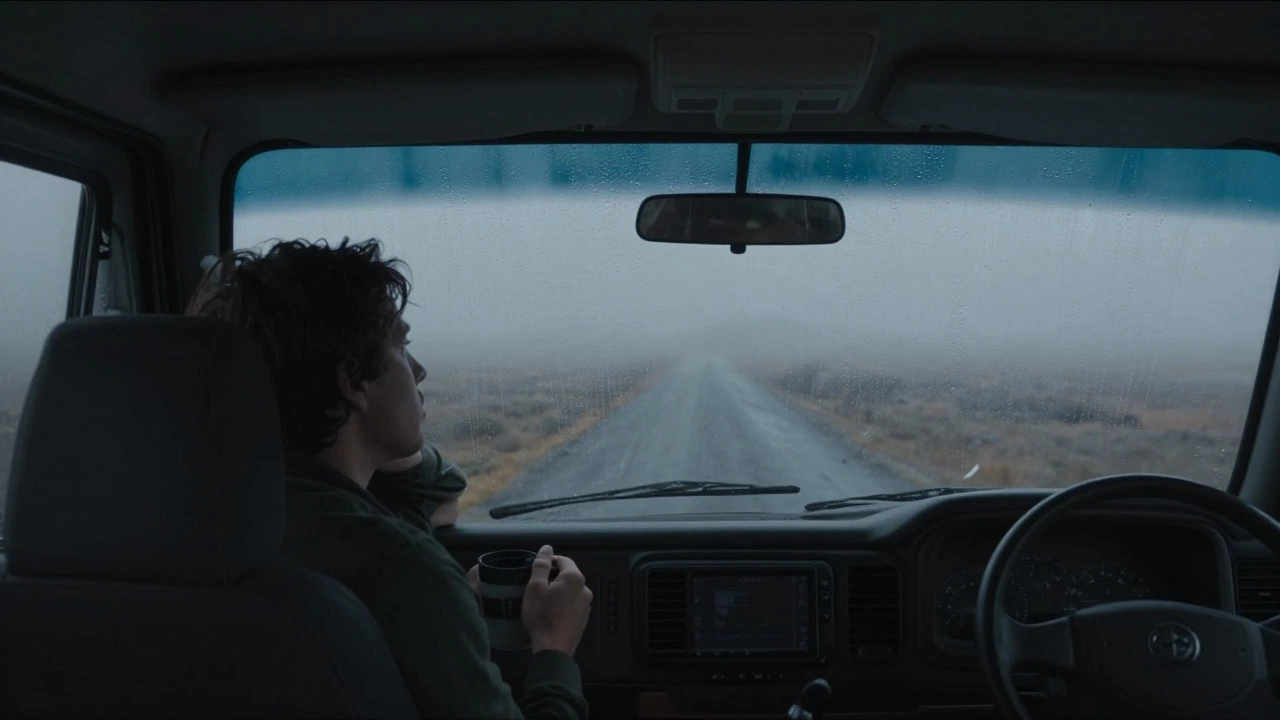 Lonely person in foggy RV with condensation on windows, illustrating isolation and moisture issues.