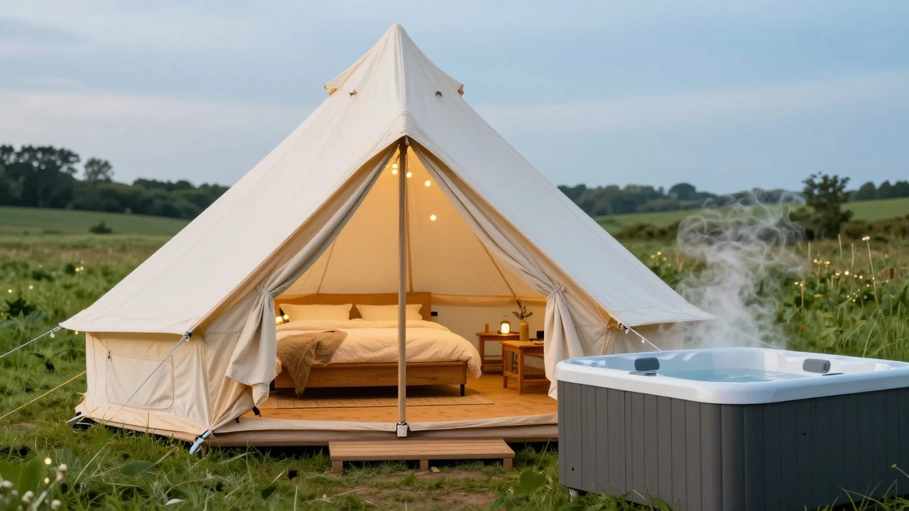 Luxury glamping bell tent with hot tub in English meadow