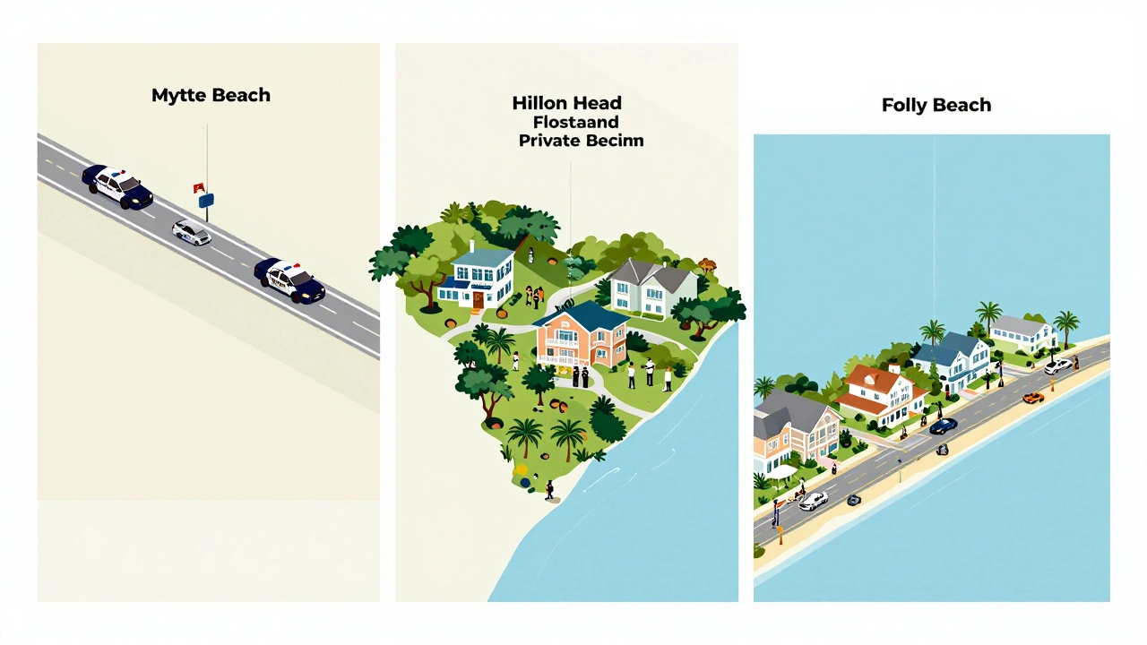 Map illustration comparing overnight rules in Myrtle Beach, Hilton Head, and Folly Beach