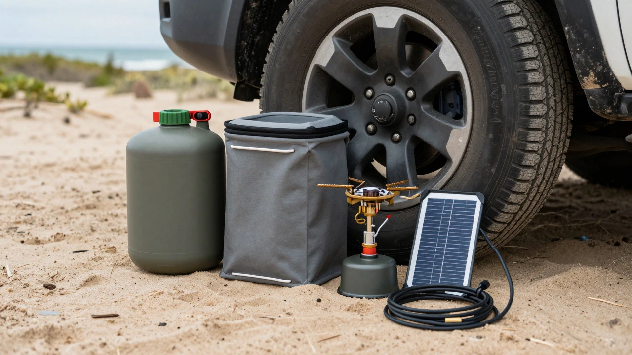 Off-grid camping gear including water jug and stove on sand