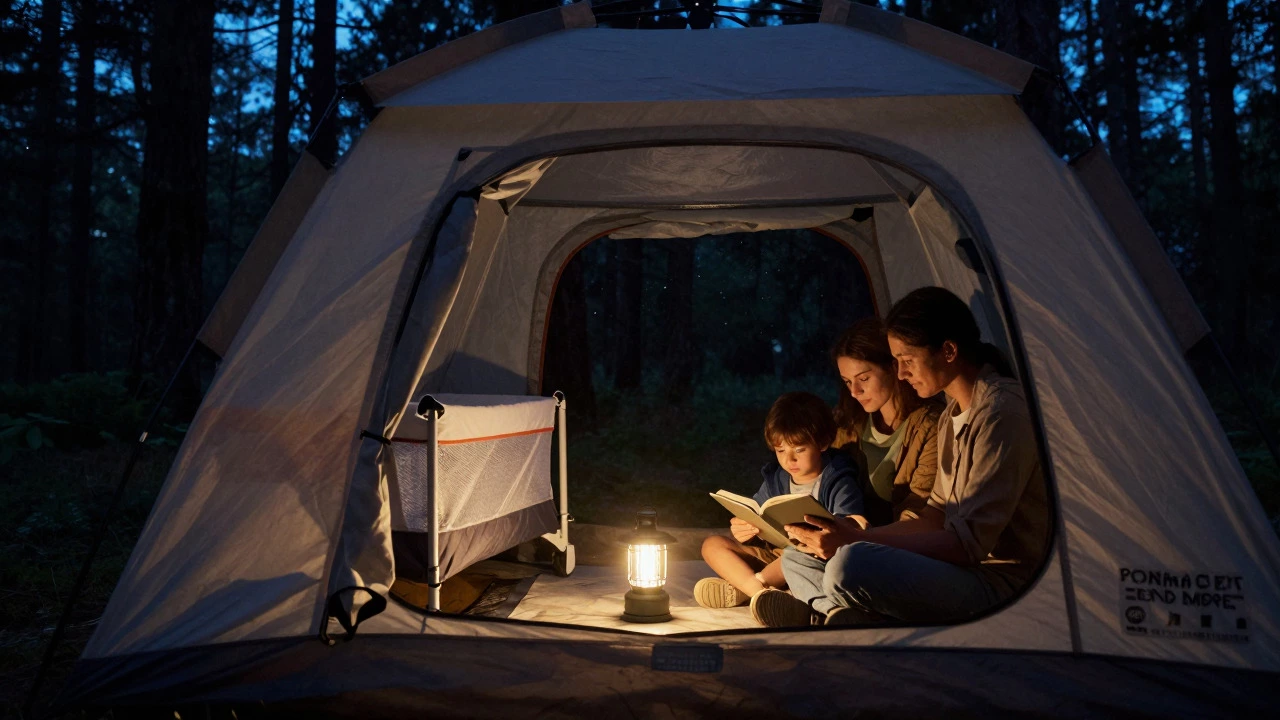 Parents relaxing in tent while toddler sleeps in cot under rainfly