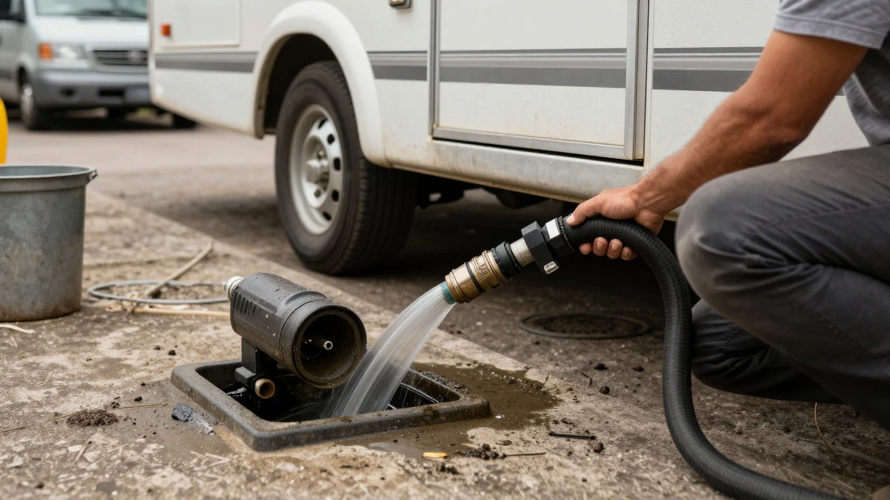 Person connecting sewer hose at dump station, depicting the messy reality of RV sanitation.