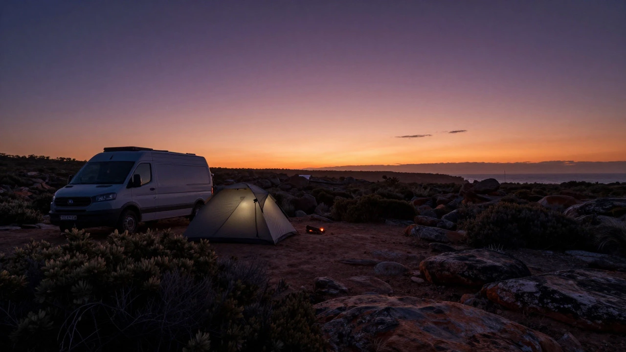 Secluded coastal campsite at dusk with van and tent
