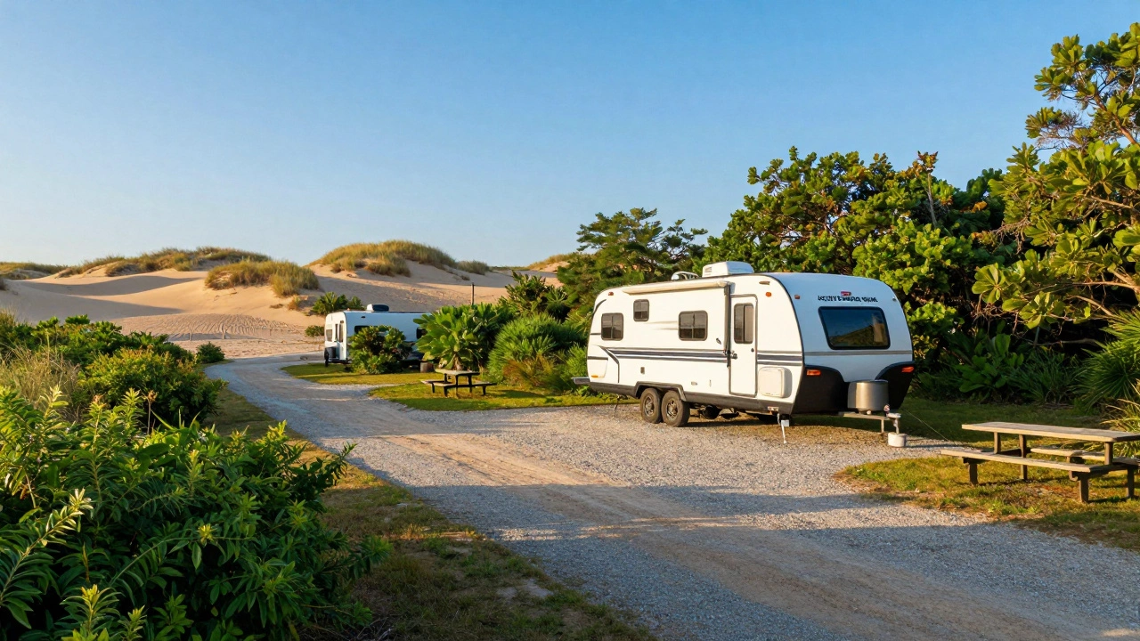 Sunny view of legal campsite with RV near coastal sand dunes