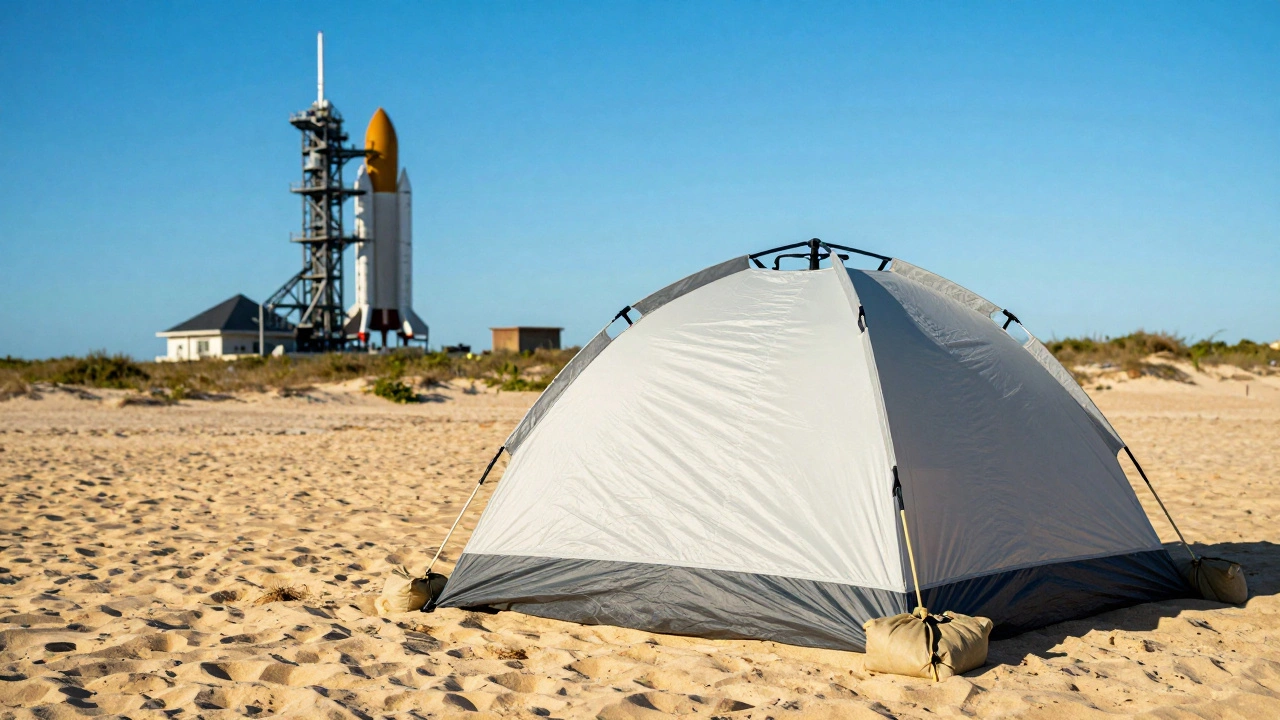 Tent pitched on sand at Cape Canaveral with rocket silos in background