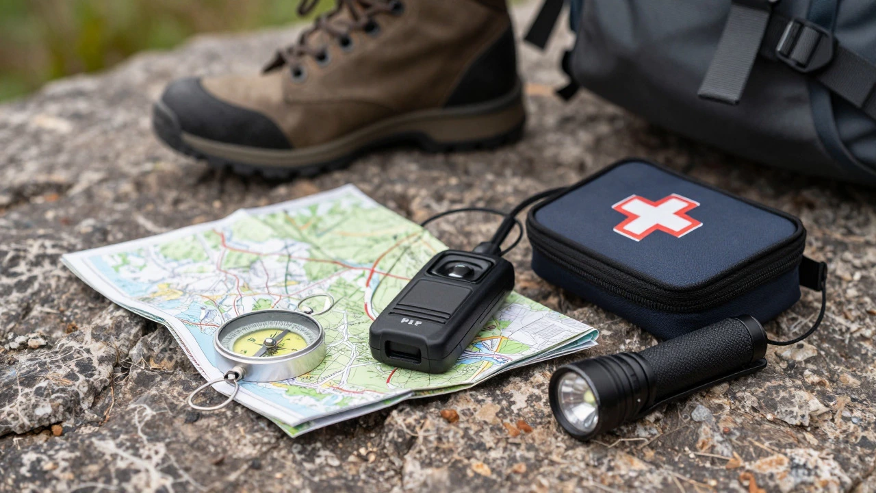 Wild camping safety gear including compass, map, and PLB on rock