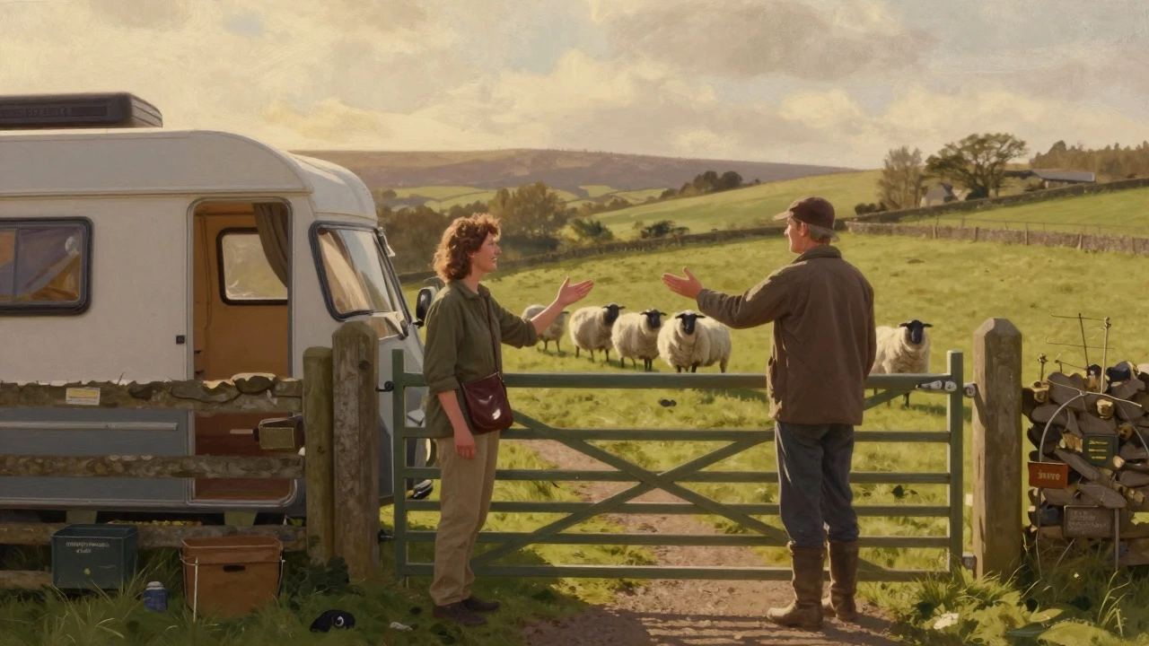 A camper asking a farmer for permission to camp in England