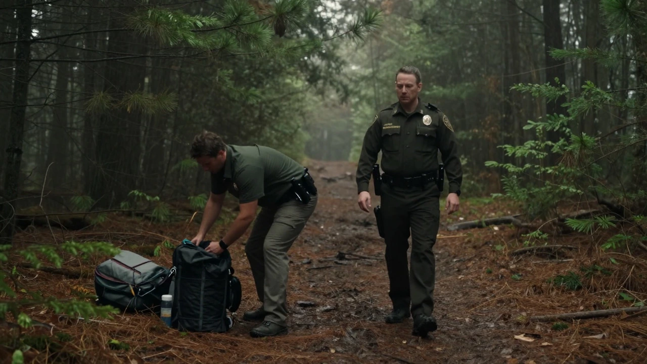 A camper packing up gear as a forest service officer approaches on a misty, wooded trail.