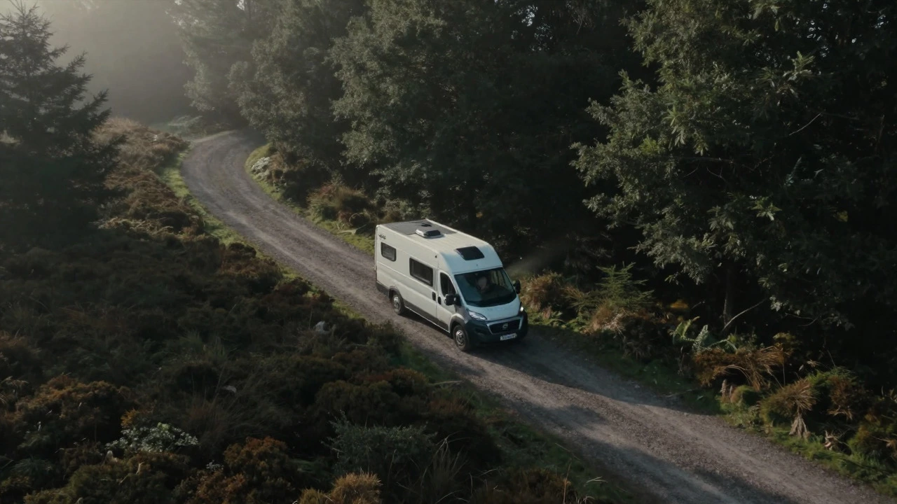A motorhome parked discreetly on a remote forest track in foggy conditions, representing careful off-grid travel.