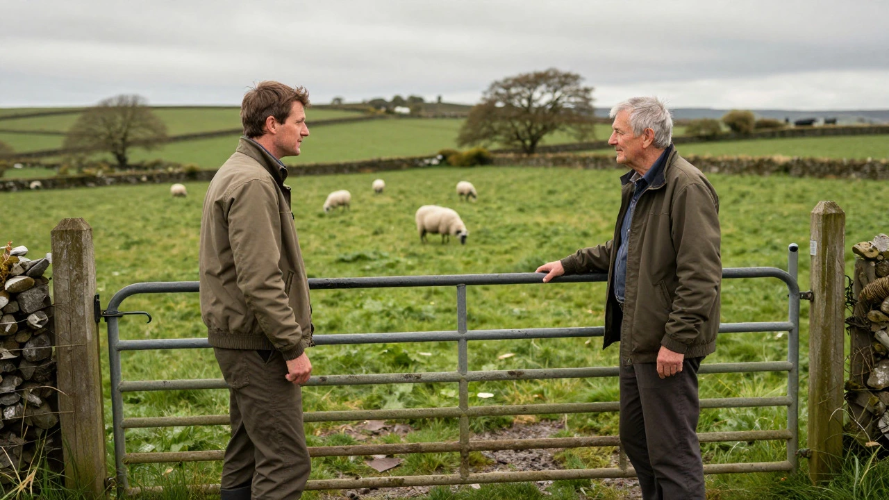 A traveler interacting with a farmer near a gate in a green UK pasture, illustrating the etiquette of wild camping.