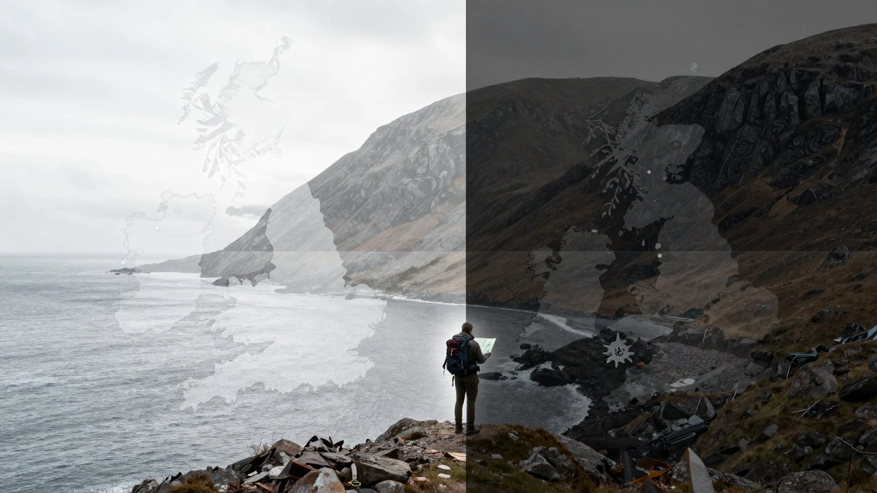 Abstract representation of varying wild camping laws across the UK