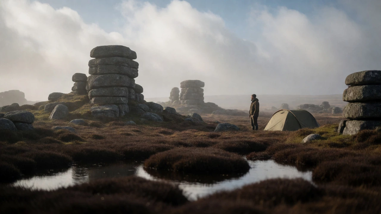 Camper overlooking granite tors in Dartmoor fog