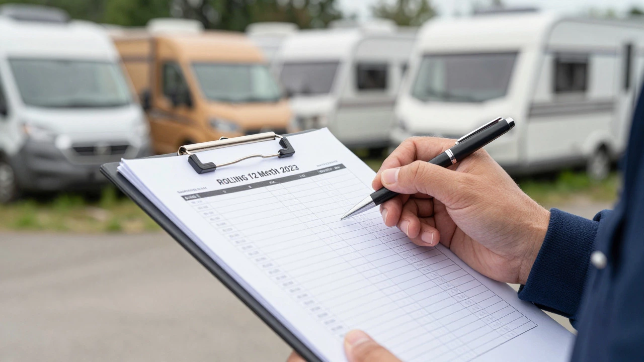 Campsite manager checking a clipboard near parked caravans