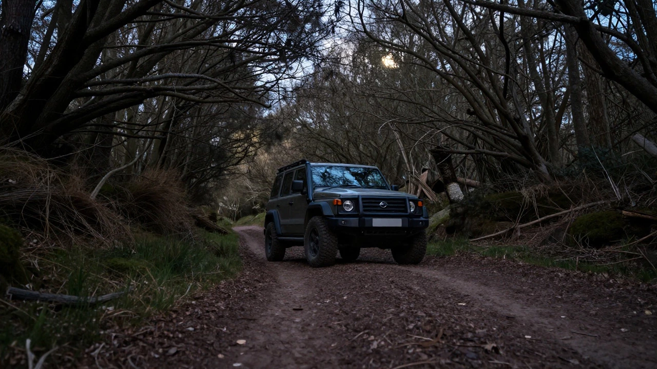 Car parked on flat ground in a secluded but visible wild camping spot