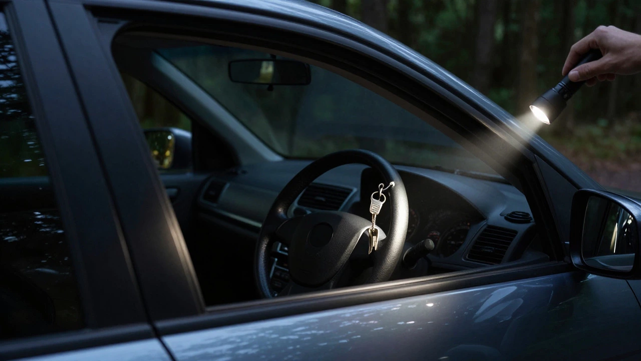 Close up of locked car with steering wheel lock in dark forest