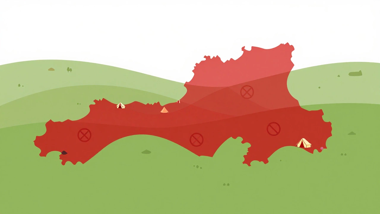 Editorial illustration showing restricted camping zones on a Welsh map