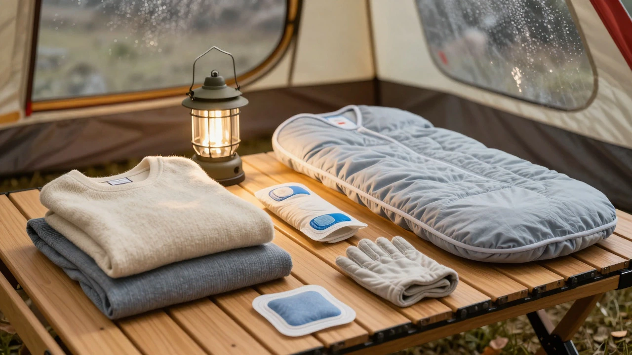 Essential cold weather baby camping gear on table