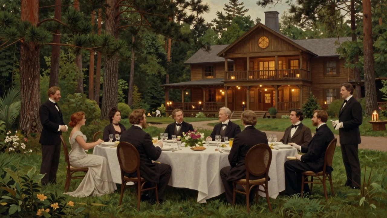 Gilded Age wealthy guests dining outdoors at a luxurious summer camp retreat