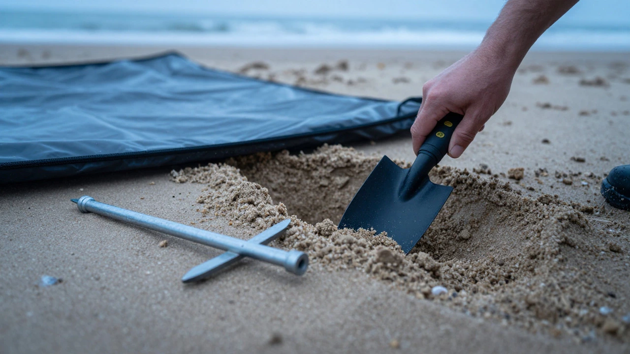 Hands burying a sand anchor in a trench next to a discarded metal stake