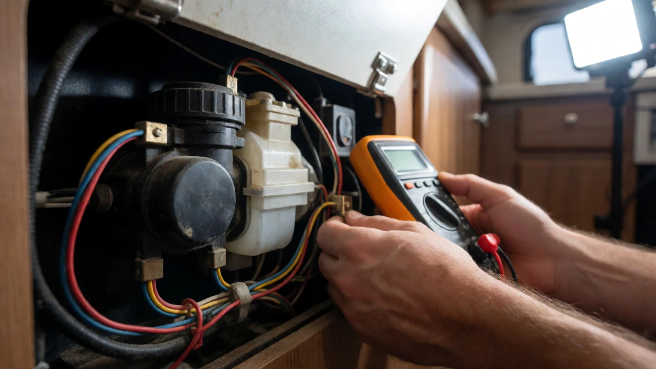 Hands inspecting simple plumbing and electrical systems inside a travel trailer