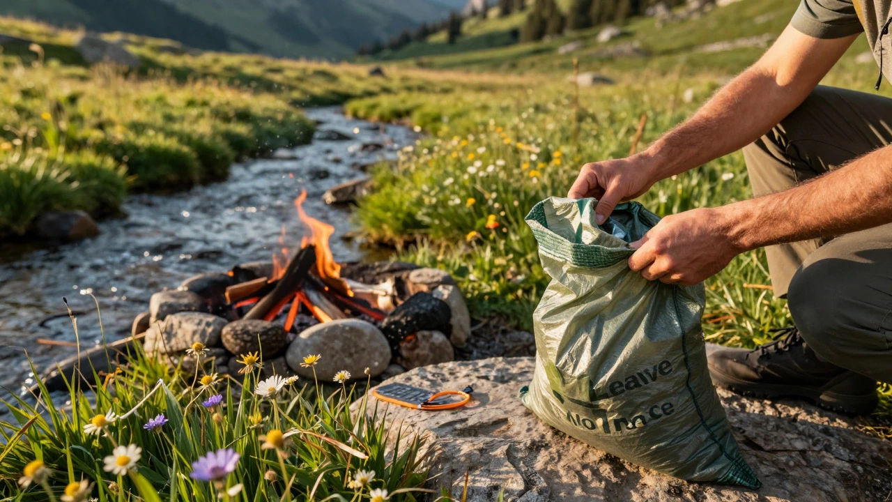 Hands packing trash into a bag at a clean campsite in a sunny alpine meadow near a stream.