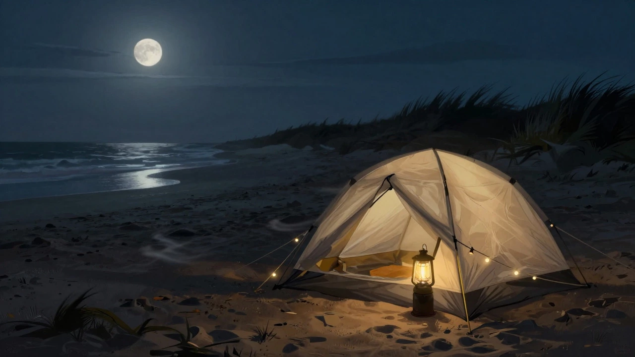 Illuminated tent at a night beach campsite with string lights and dunes