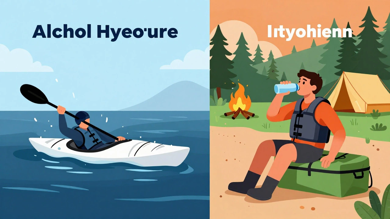 Illustration contrasting capsizing risk with safe camping and hydration
