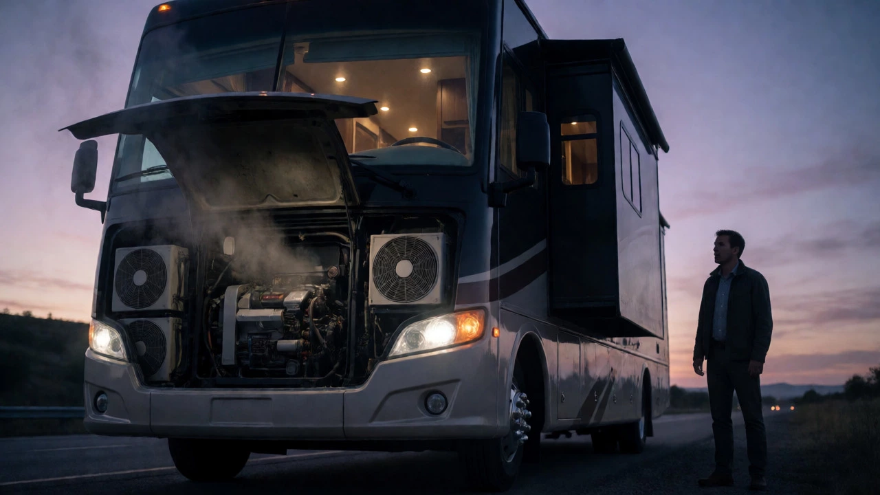 Large Class A motorhome broken down on a highway with steam rising at dusk