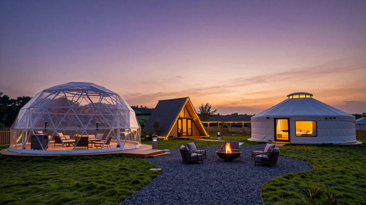 Modern glamping site with geodesic dome, A-frame cabin, and yurt at twilight