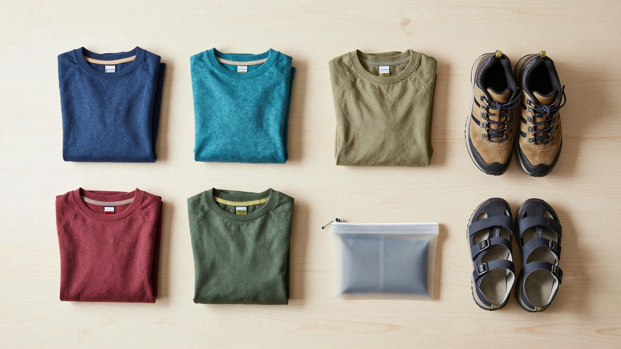Neatly organized camping gear showing two outfits, shoes, and kits