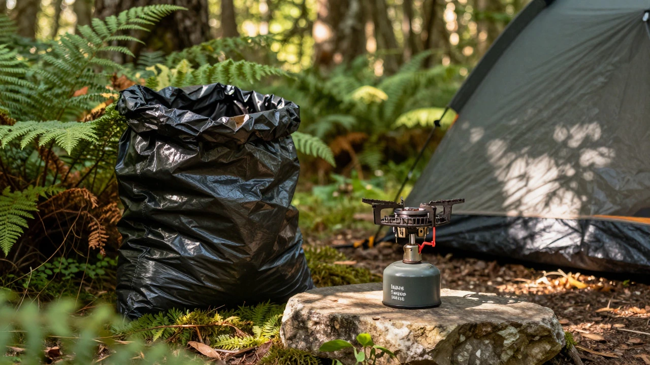 Portable stove and packed waste beside a tent in a sunlit forest clearing