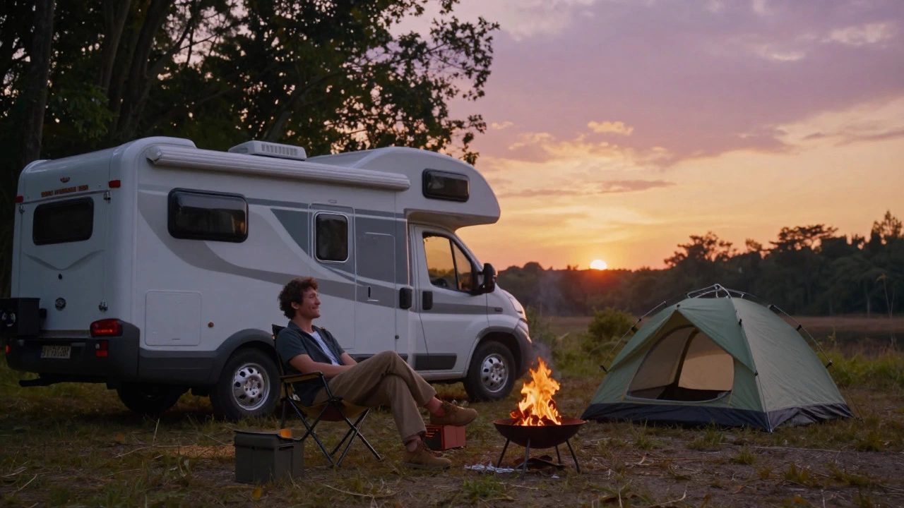 Relaxed camper enjoying sunset with minimal gear at campsite