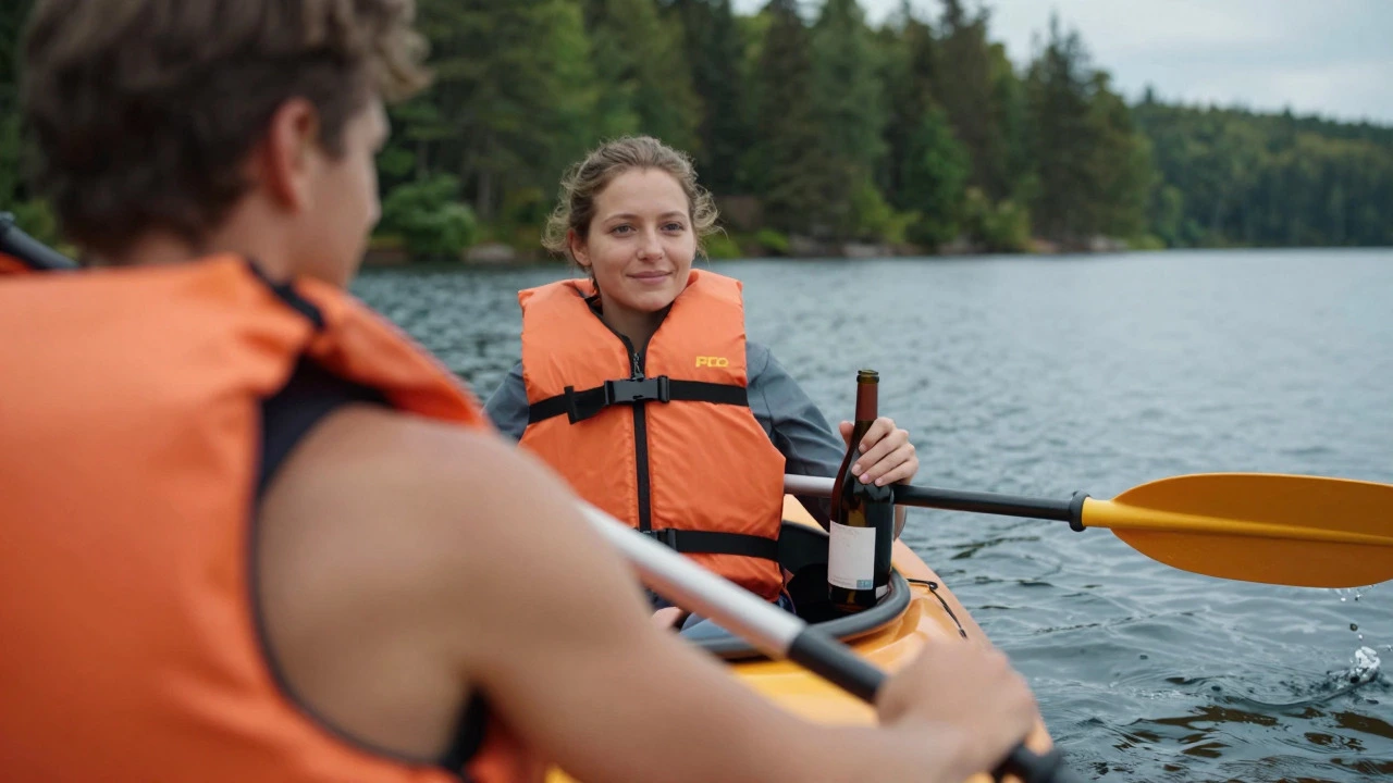 Two people in tandem kayak, one paddling sober, one relaxing with drink