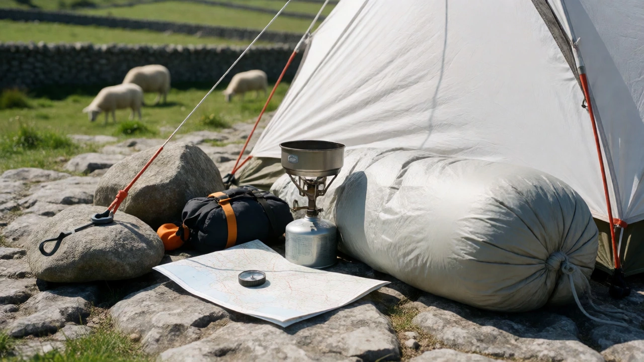 Wild camping gear on rocky Yorkshire Dales ground