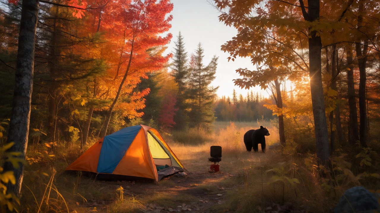 Autumn campsite in a Wisconsin forest with a black bear watching nearby.