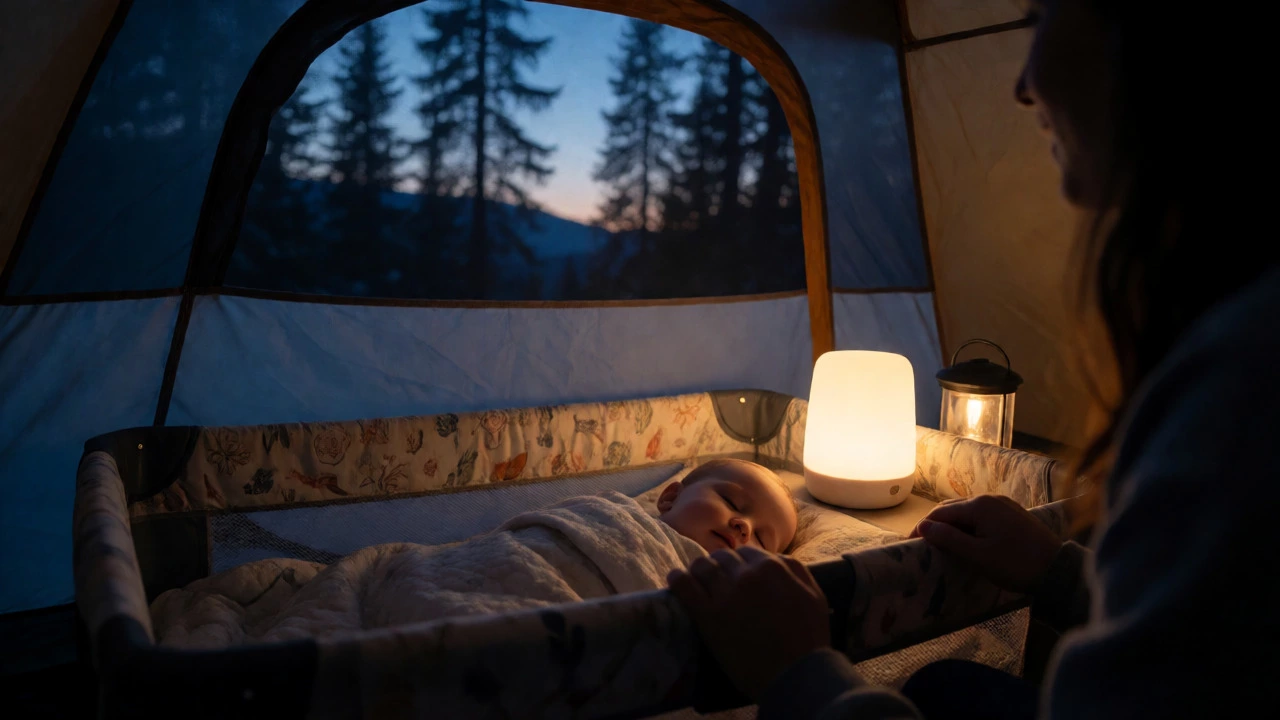 Baby sleeping in a travel crib inside a tent at twilight with a parent nearby.