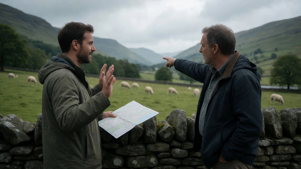 Camper talking to landowner near stone wall in Lake District