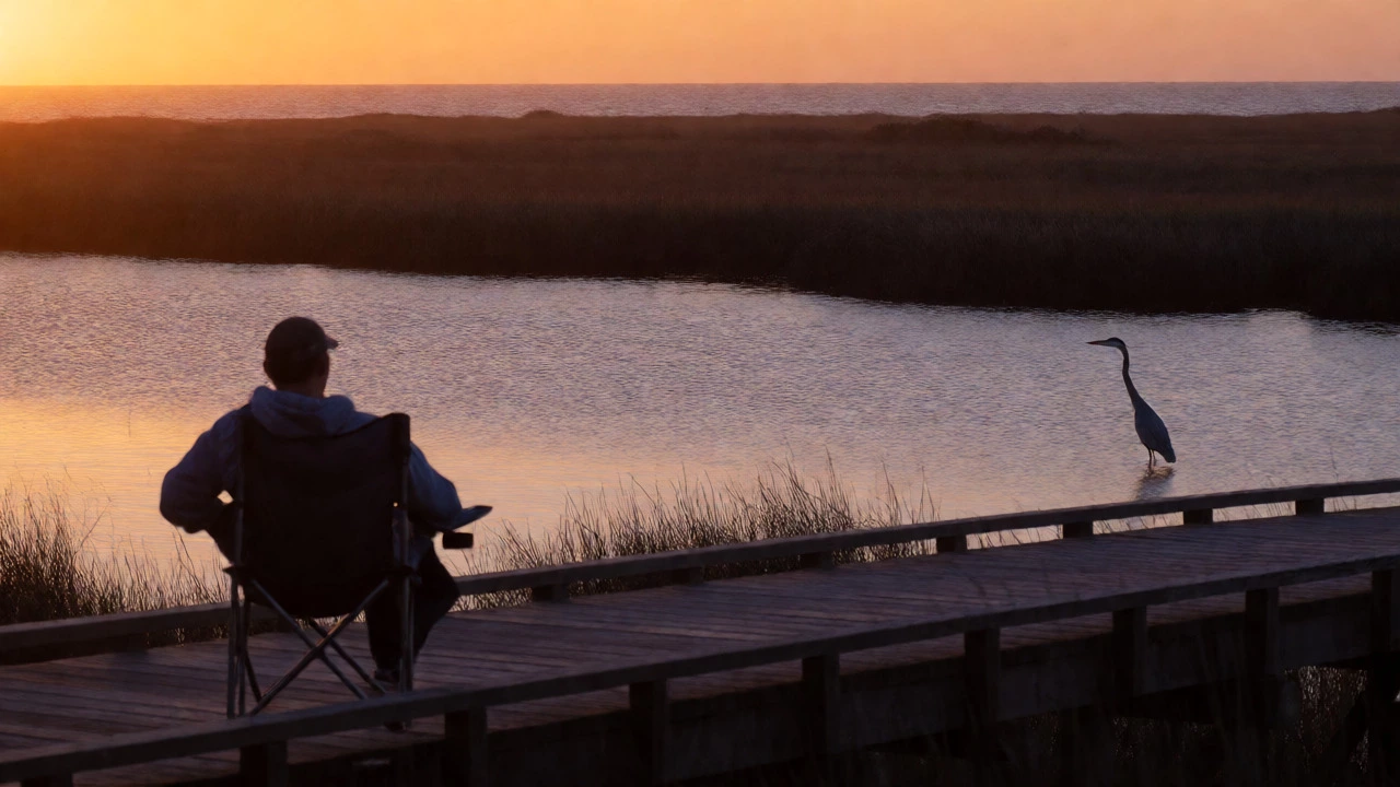 Camper watching wildlife at sunset