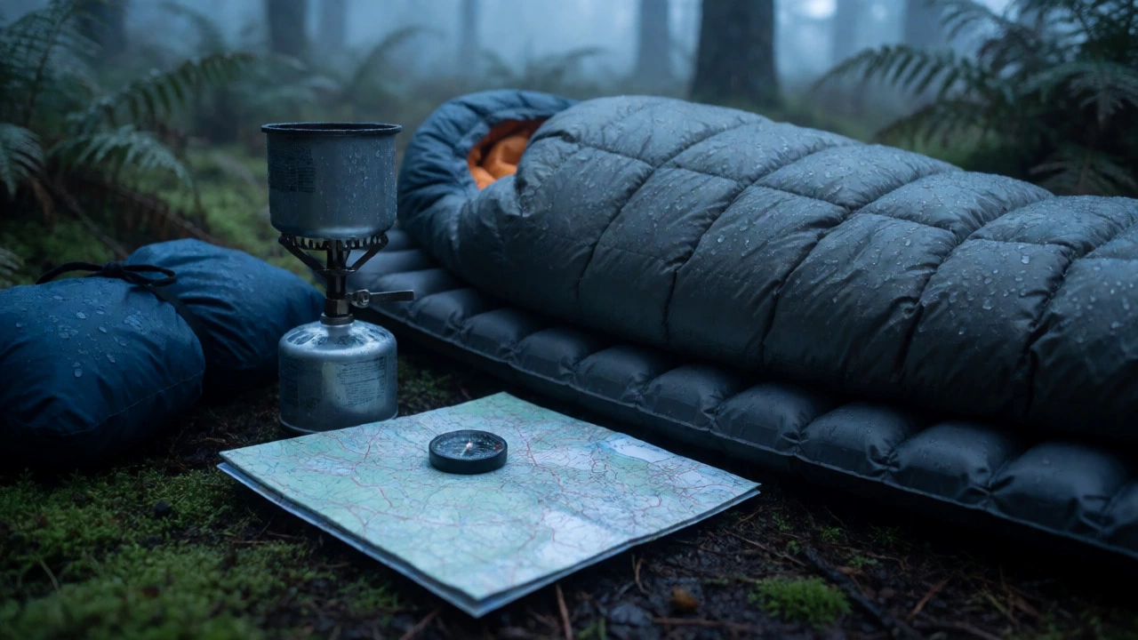 Camping gear including map and stove on damp moss