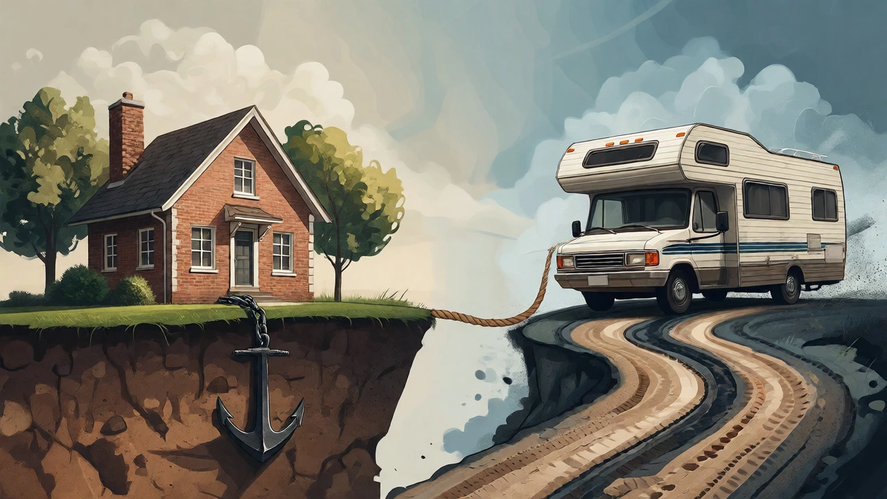 Conceptual art comparing a stable house on land with a moving motorhome on a dirt track