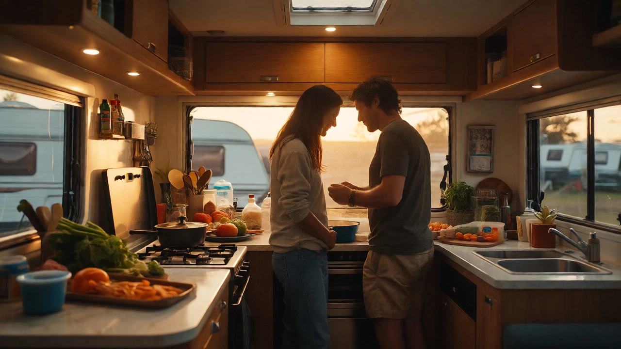 Couple preparing food in a cozy, well-lit RV kitchen with fresh ingredients
